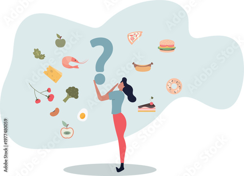 Choosing the type of food concept. A woman chooses between healthy and harmful food.person's life situation and his activities.
