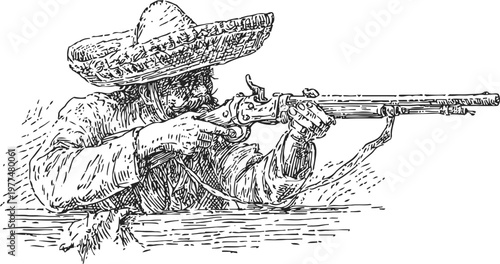 Vintage illustration of a man wearing a sombrero aiming a rifle in shooting stance