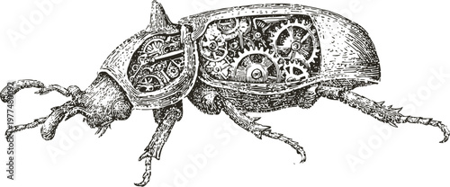Steampunk mechanical beetle illustration with intricate gears and clockwork details in vintage
