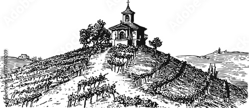 Hilltop chapel surrounded by vineyard rows with trees and scenic landscape in background