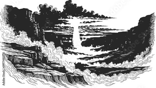 Black and white vintage illustration of a waterfall in a deep canyon with rocky cliffs and flowing water