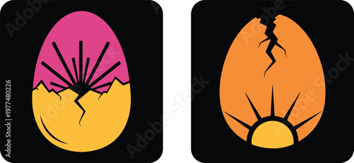 Two stylized cracked eggs with sunbursts inside, symbolizing new beginnings and growth.