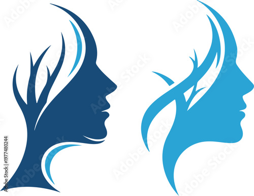 Two profiles of a woman's face with tree branches integrated into the hair, symbolizing nature and inner strength.