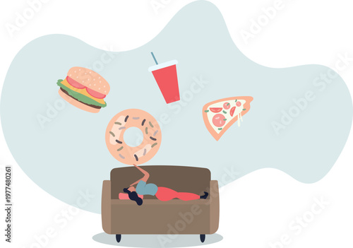 woman lying on the sofa and eating fast food, obesity and lifestyle concept.person's life situation and his activities.