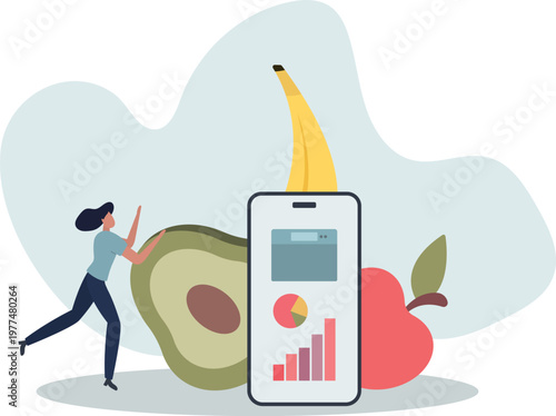 young woman use weight loss app to control food consumption.person's life situation and his activities.