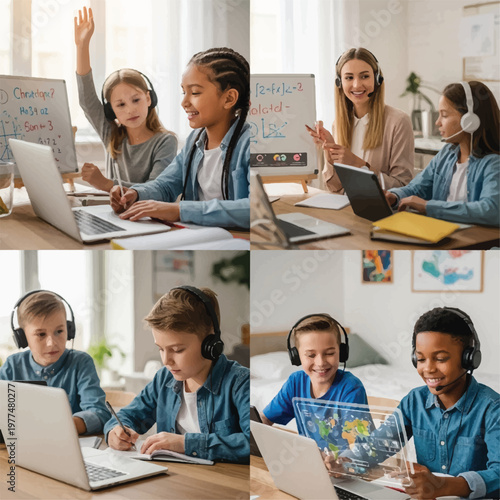 Group of diverse students learning together with laptops and tablets in a bright classroom environment.
