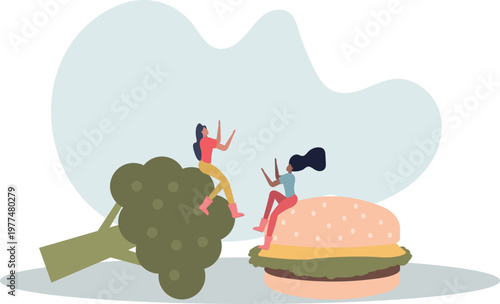 Unhealthy nutrition concept. Diet and ration, active and sedentary lifestyle. Vegetarians against fast food.person's life situation and his activities.