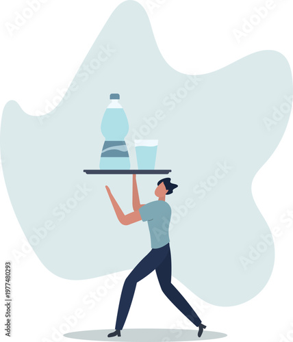 Young man with glass near large plastic bottle. Purity and freshness. Active lifestyle and health care.person's life situation and his activities.