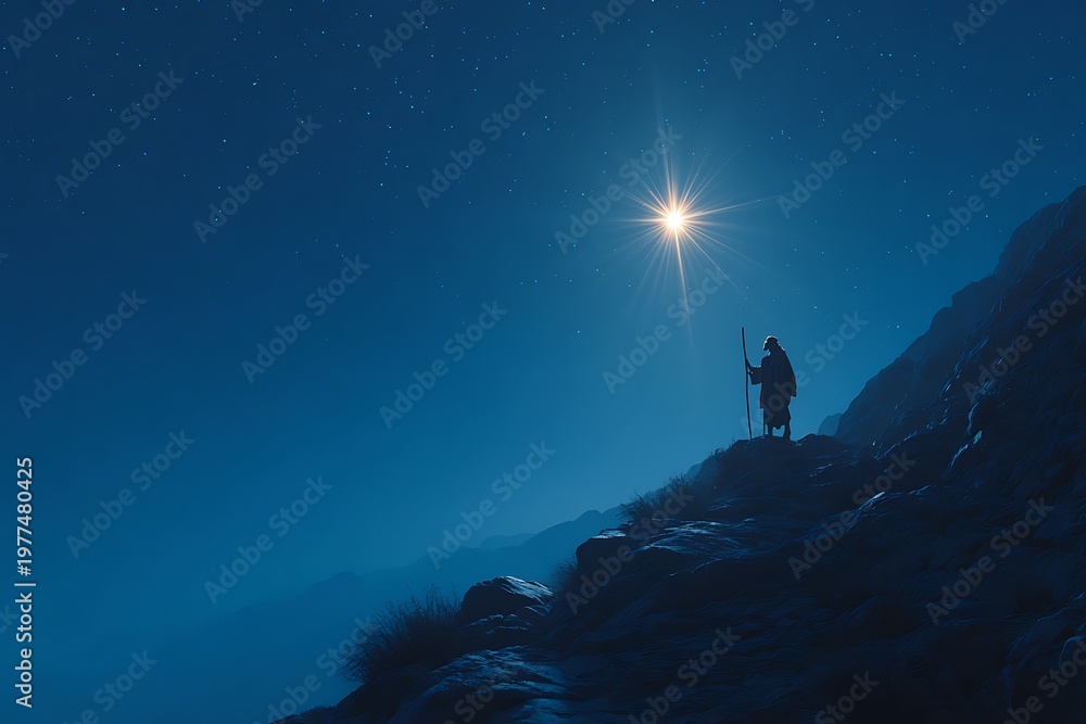 Fototapeta premium Shepherd silhouette looking at a bright star