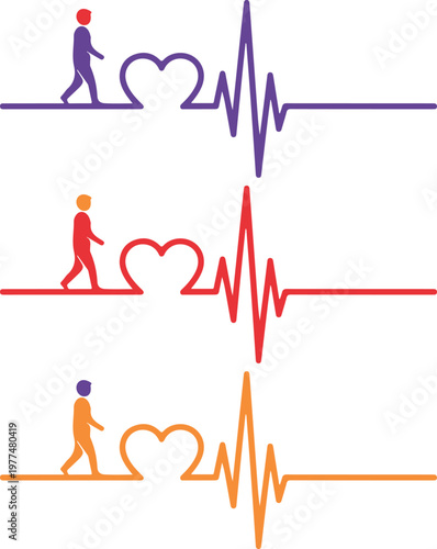 Three colorful heartbeat lines with walking figures and hearts.
