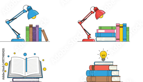 Study and Education Vector Set with Books Desk Lamps Open Book and Learning Knowledge Illustration Collection