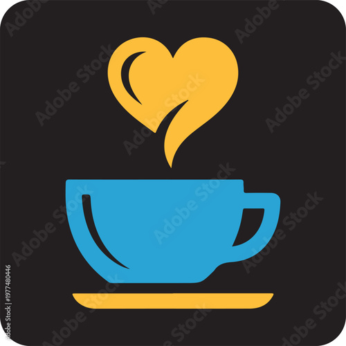 Blue coffee cup with yellow heart steam on black background.