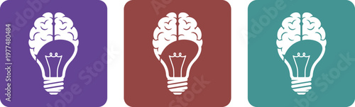 Three colorful square icons with brain and lightbulb combination symbolizing ideas and creativity