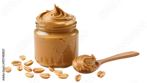 Bild auf Leinwand Creamy peanut butter jar with spoon and scattered peanuts