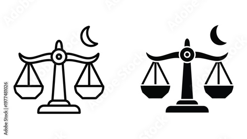 Balancing scales with moon symbols in contrasting styles of illustration