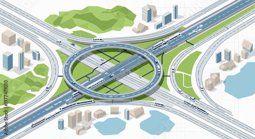 Modern City Highway Interchange with Circular Overpass and Traffic