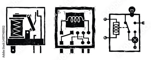 Electrical relay, circuit board, and light bulb diagram for electronic component schematic