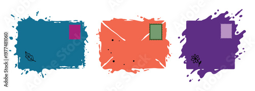 Envelopes mail postal service postage stamp abstract splash shapes colorful background elements