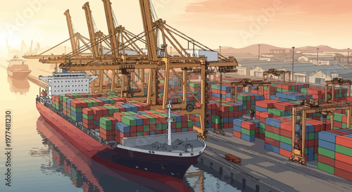 Cargo Ship Loading at Industrial Port with Cranes and Shipping Containers at Sunset