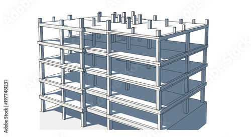 Modern Building Construction Frame, Concrete Structure, Architectural Design, Engineering Blueprint