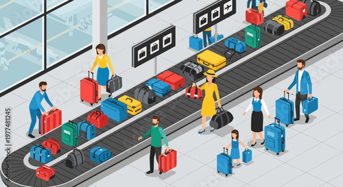 Airport Baggage Claim Carousel with Travelers and Luggage, Isometric View