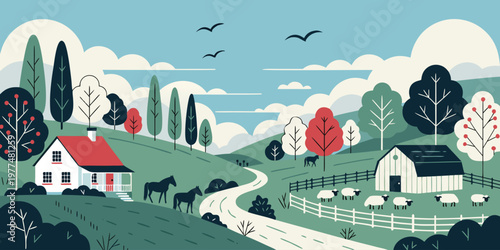 Charming rural landscape with a farmhouse, barn, horses, and sheep under a cloudy sky.