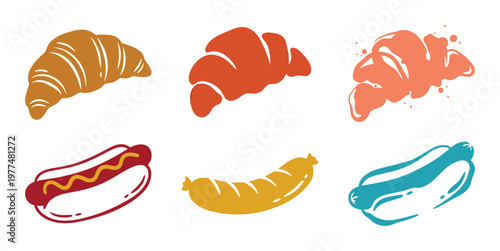 Fast food and bakery icons set featuring hot dogs and croissants with artistic brush stroke style silhouettes