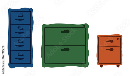 File cabinet set office furniture different sizes color design storage solution vector