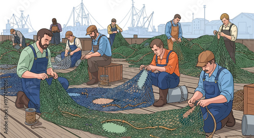 Fishermen repairing nets on a dock with ships in the background