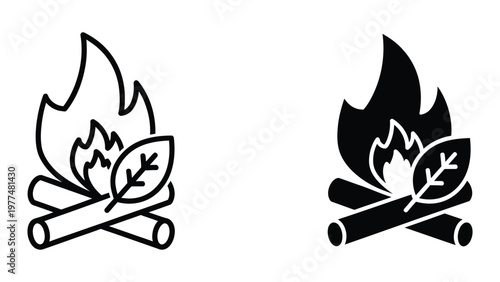 Two contrasting styles of campfire illustrations with flames and logs