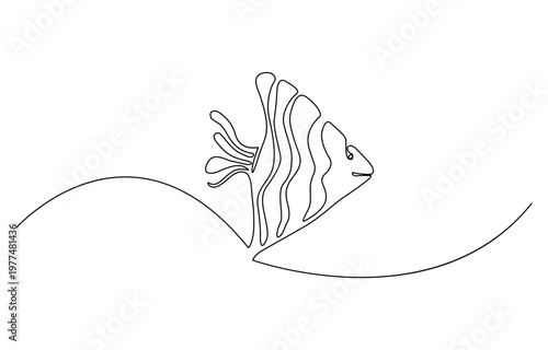 Minimalist continuous one line drawing of a fish swimming in ocean waves. flounder fish continuous one line drawing.one line vector illustration with out background