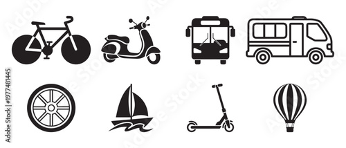 Assortment of transportation icons including bicycle scooter bus hot air balloon with transport transportation movement mobility collection illustration abstract