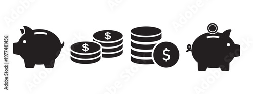 Piggy bank and stacked coins icons representing savings and finance with business investment currency financial accumulation collection illustration abstract