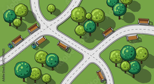 Aerial view of a park with intersecting roads, trees, and benches, trucks driving