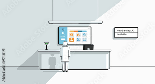 Customer at Digital Information Kiosk with Queue Display