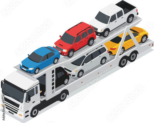 Isometric Car Carrier Truck Transporting New Vehicles, Auto Transporter Trailer Illustration Isolated on White