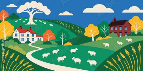 Charming pastoral landscape with rolling green hills, sheep, and traditional houses under a blue sky.