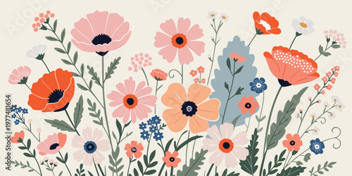 Beautiful watercolor illustration of a variety of colorful wildflowers and blossoms in a lush garden.