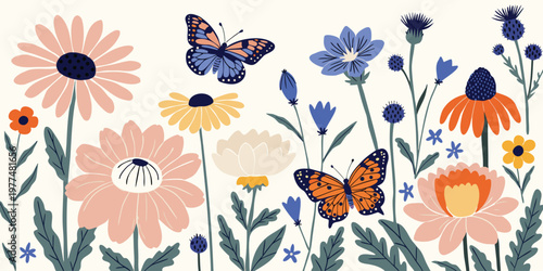 Vibrant watercolor illustration of blooming wildflowers and monarch butterflies in a natural garden setting.
