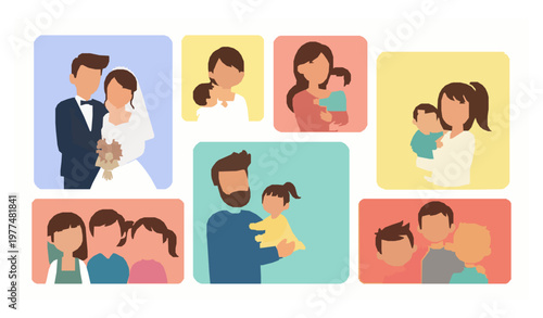 Cartoon family memory photo frames vector collection portrait set