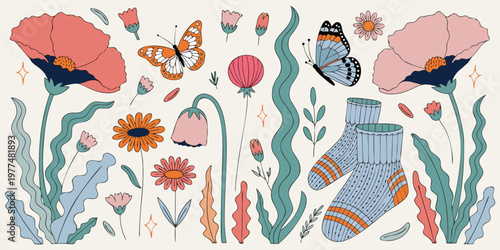 Whimsical watercolor illustration of poppies, daisies, butterflies, and cozy socks on a light background.