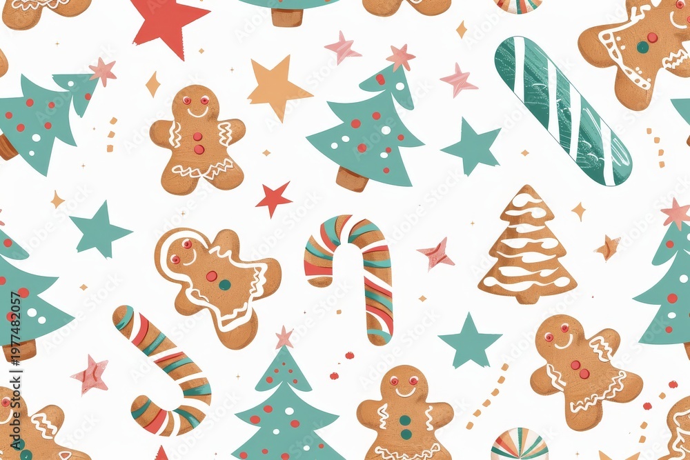 Fototapeta premium christmas gingerbread pattern cookies candy cane tree star cute cartoon colorful flat design white background