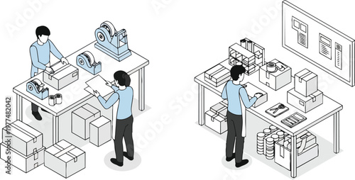 Isometric E-commerce Fulfillment Illustration with Workers Packing Boxes in Warehouse Shipping Center