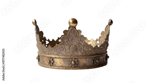 Фотография Ornate antique metal crown with floral details, isolated on transparent backgrou