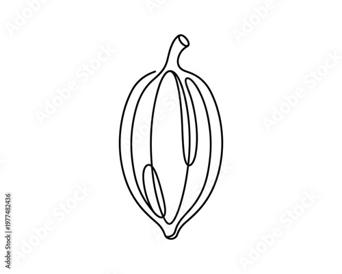 Minimalist continuous line art of cocoa bean pod on checkered background for organic chocolate branding vector