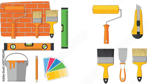 Construction and Painting Tools Vector Set with Brick Wall Roller Brushes Cutter Level and Home Renovation Equipment Illustration