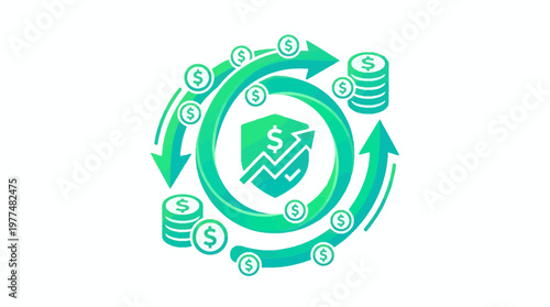Fintech money flow icon with arrows, coins, and growth chart, depicting financial circulation, investment returns, and economic cycles.