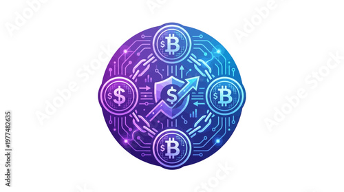 Fintech blockchain payment icon with interconnected cryptocurrency symbols and a secure shield, representing digital currency.