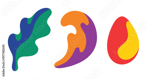 Minimalist organic blot shapes set in blue green orange purple and red yellow palettes for branding projects
