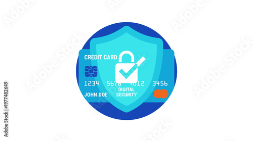 Shield icon protecting a credit card with a lock and checkmark, symbolizing digital security and financial data protection.